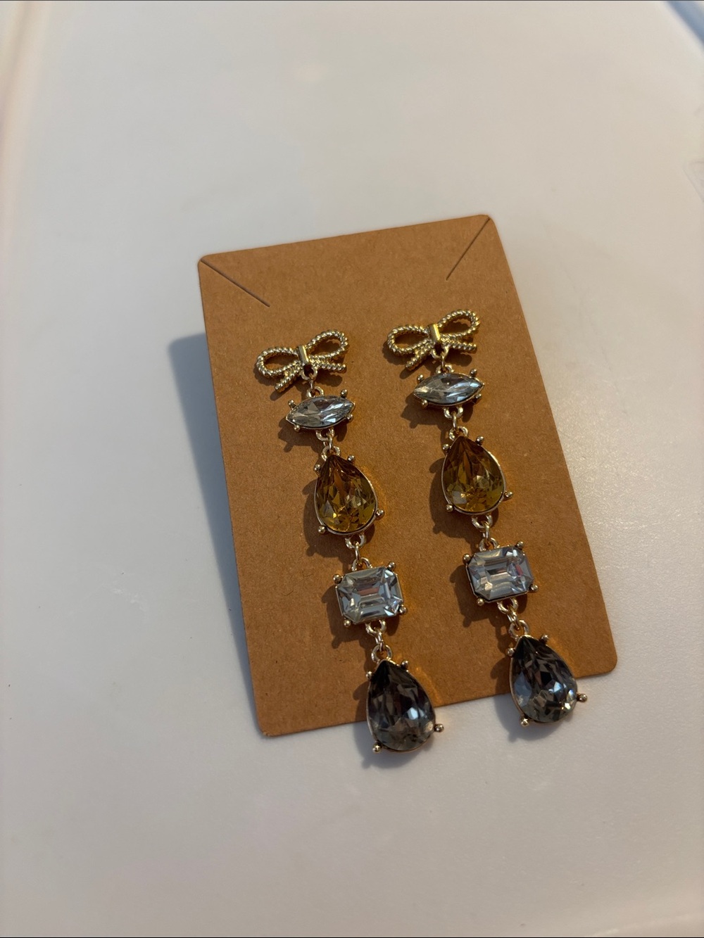 Fashion Jewelry Gold Bow Drop Earrings with Yellow and Gray Stones - Picture 3 of 4